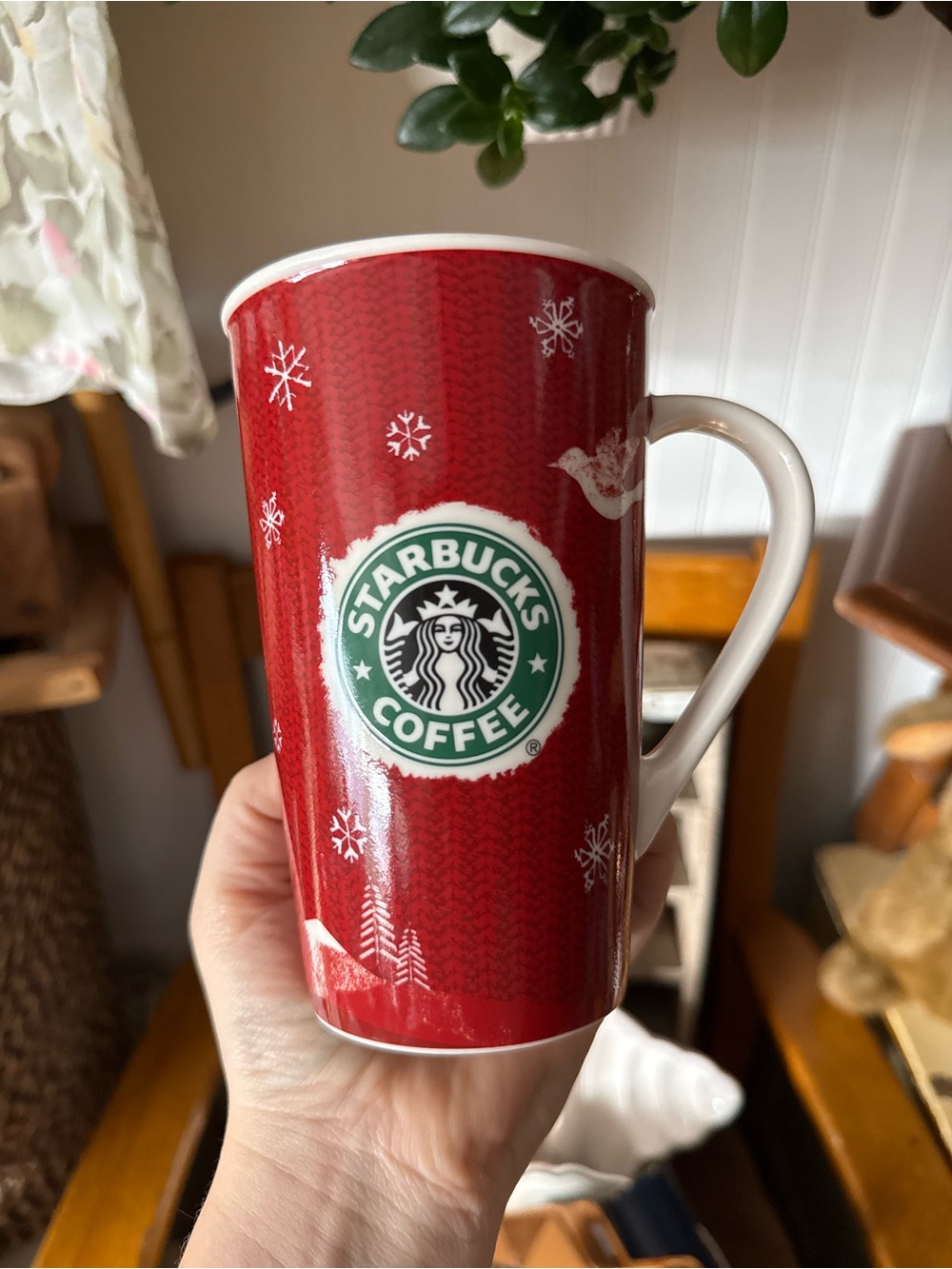 2008 Starbucks Red and White Holiday Mug with Green Logo